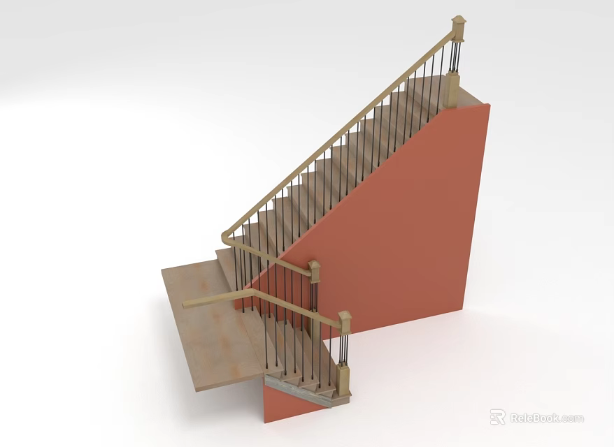 Modern Staircase Design With Red Wall Wooden Steps And Metal Railings 3d model 