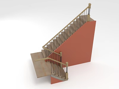 Modern Staircase Design With Red Wall Wooden Steps And Metal Railings 3d model