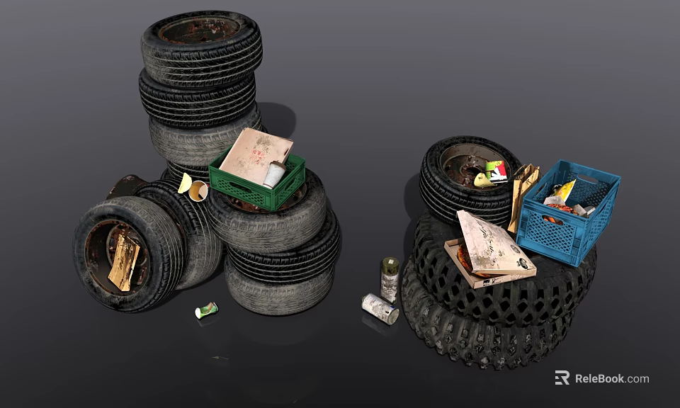 Old Stacked Tires With Garbage Trash And Debris Inside And Around Them 3d model 