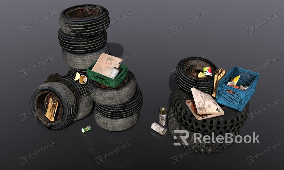 Waste car tires old carton pizza pile model