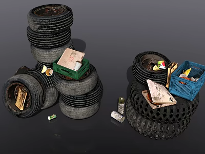 Old Stacked Tires With Garbage Trash And Debris Inside And Around Them 3d model