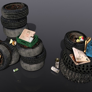 Waste car tires old carton pizza pile 3d model