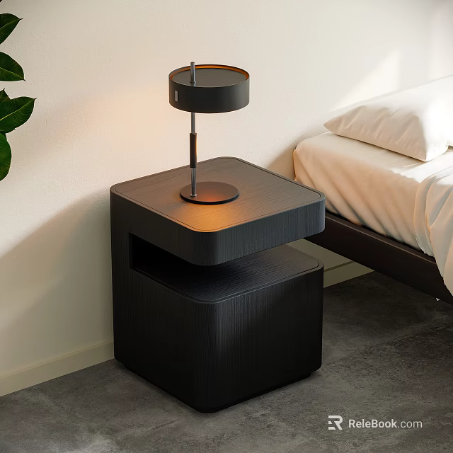 Modern Black Two Tier Nightstand with Table Lamp in Minimalist Bedroom 3d model 