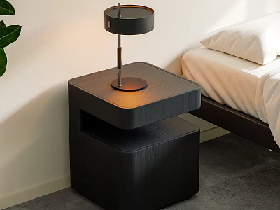 Modern Black Two Tier Nightstand with Table Lamp in Minimalist Bedroom 3d model