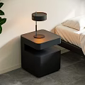 Modern Black Two Tier Nightstand with Table Lamp in Minimalist Bedroom