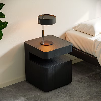 Modern Black Two Tier Nightstand with Table Lamp in Minimalist Bedroom 3d model
