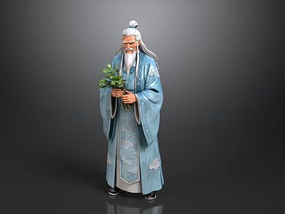 Man With White Hair And Long Beard Wearing Blue Robe Holding Green Plants 3d model