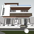 Modern Two Story Detached Villa With Wooden Roof Terrace And Courtyard Green Plants
