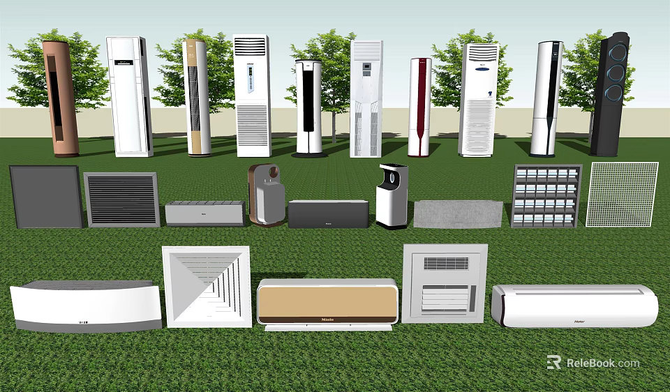 Various Types of Air Conditioners and Fans Displayed on Green Grass Field 3d model 
