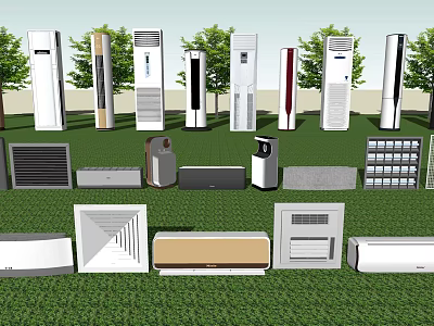 Various Types of Air Conditioners and Fans Displayed on Green Grass Field 3d model
