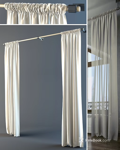White Sheer Curtains With Simple Design On Curtain Rod For Window Decoration 3d model 