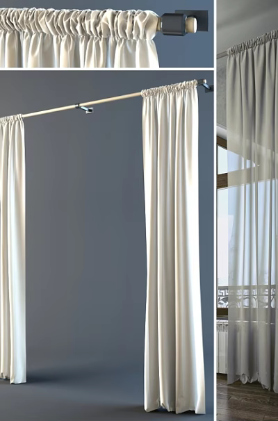 White Sheer Curtains With Simple Design On Curtain Rod For Window Decoration 3d model