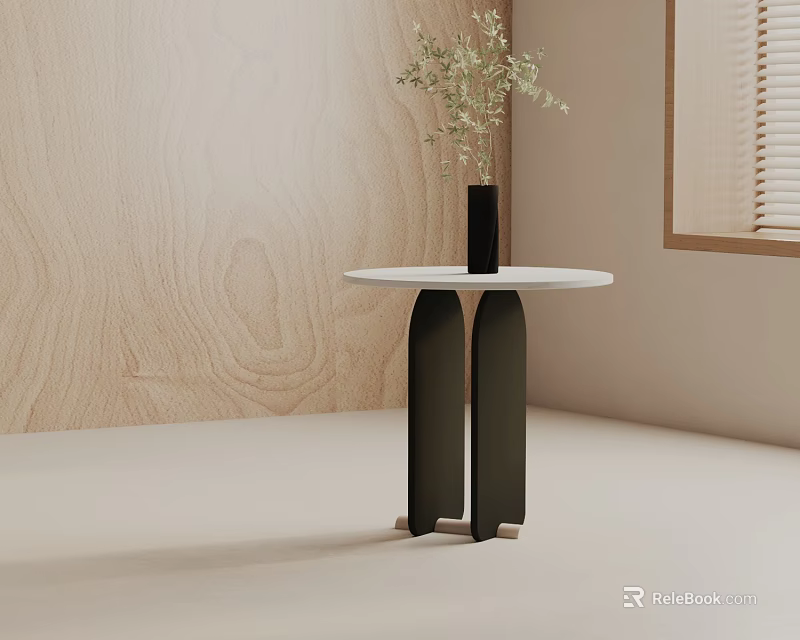 Minimalist Side Table With White Round Top And Black Double Column Legs Against Wooden Wall 3d model 