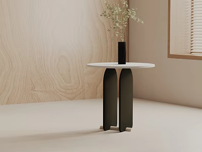 Minimalist Side Table With White Round Top And Black Double Column Legs Against Wooden Wall 3d model