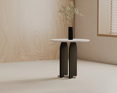 Minimalist Side Table With White Round Top And Black Double Column Legs Against Wooden Wall 3d model