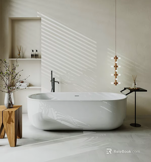 White Bathtub In Minimalist Bathroom With Wooden Table And Pendant Light 3d model 