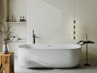 White Bathtub In Minimalist Bathroom With Wooden Table And Pendant Light 3d model