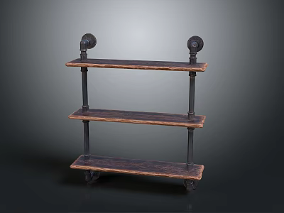 Vintage Industrial Three-Tier Wooden Storage Shelf with Black Metal Frames and Rolling Wheels 3d model