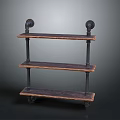 Vintage Industrial Three-Tier Wooden Storage Shelf with Black Metal Frames and Rolling Wheels