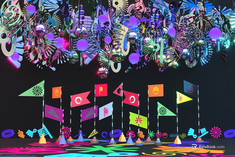 Colorful Hanging Decorations With Various Shapes And Vibrant Small Flags For Festive 3d model 