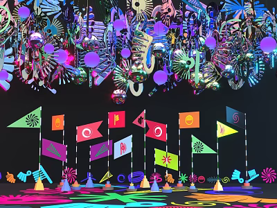 Colorful Hanging Decorations With Various Shapes And Vibrant Small Flags For Festive 3d model