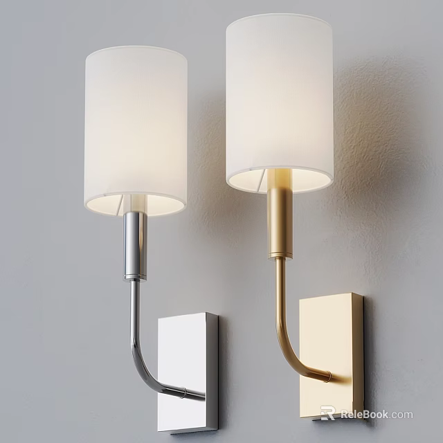 Modern Silver and Gold Wall Lamps with White Shades Mounted on Gray Wall 3d model 