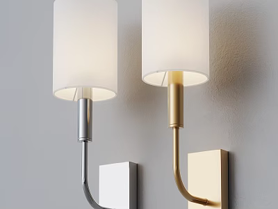 Modern Silver and Gold Wall Lamps with White Shades Mounted on Gray Wall 3d model