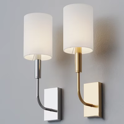Modern Silver and Gold Wall Lamps with White Shades Mounted on Gray Wall 3d model