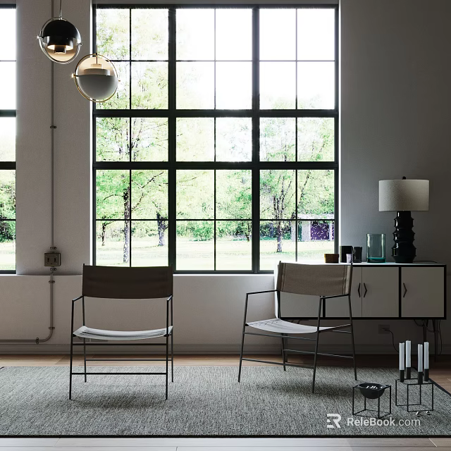 Accent Chairs In Bright Modern Indoor Setting With Large Windows And Trees Outside 3d model 