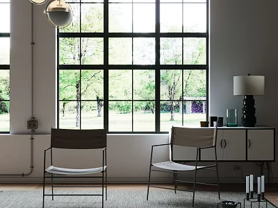 Accent Chairs In Bright Modern Indoor Setting With Large Windows And Trees Outside 3d model
