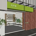 Green Signage Gym Entrance Design With Glass Facade And Lighting Features