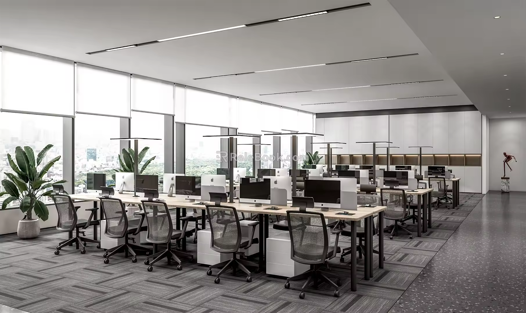 Modern Public Office Area Open Office Area Office Desk and Chair Computer Roller Shutter Carpet 3d model