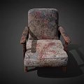 Worn Upholstered Single Seater Armchair With Distressed Fabric And Wooden Arms