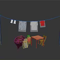 Outdoor Laundry Scene With Clothesline Hanging Clothes Small Boat Table And Chair