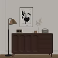 Modern Dark Brown Console Cabinet Sideboard with Decorative Painting Table Lamp Dried Flowers and Radio