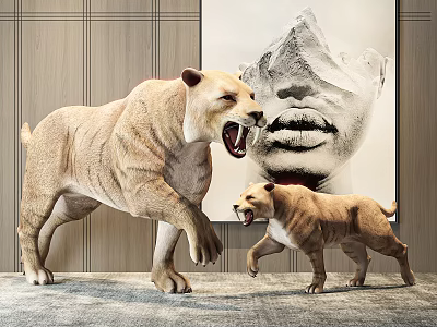 Two Decorative Lion Sculptures With Abstract Face Art On Wooden Striped Wall 3d model