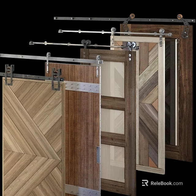 Modern Hinged Doors Featuring Various Wood Grain Patterns And Metal Hardware 3d model