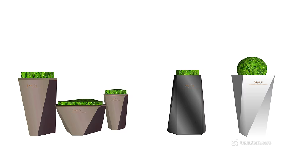 Modern Flower Pots With Various Shapes And Green Plants For Garden Decoration 3d model 