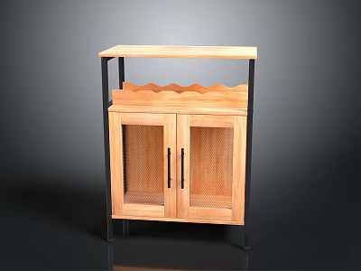 Wooden Cabinet With Glass Doors And Wavy Wine Rack On Black Metal Frame 3d model
