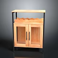 Wooden Cabinet With Glass Doors And Wavy Wine Rack On Black Metal Frame