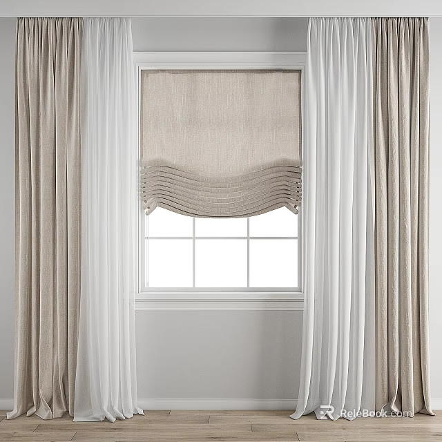 Elegant Linen Curtains With Pleated Design And White Window Frame For Natural Light 3d model 