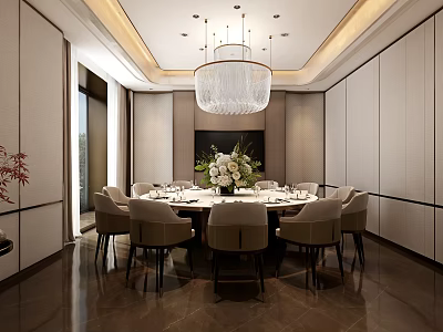 Elegant Modern Private Dining Room Interior With Round Dining Table Chandelier And Fresh Flowers 3d model
