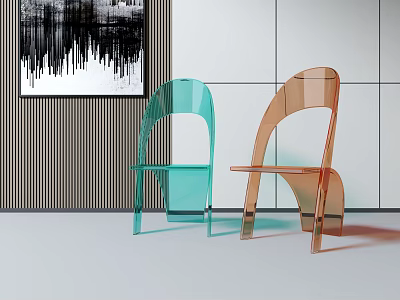 Green and Orange Transparent Leisure Chairs in Room with Stripe Wall and Abstract Painting 3d model