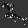 Futuristic Game Movie Character with Black Blue Tech Armor and Glowing Weapons in Combat Stance