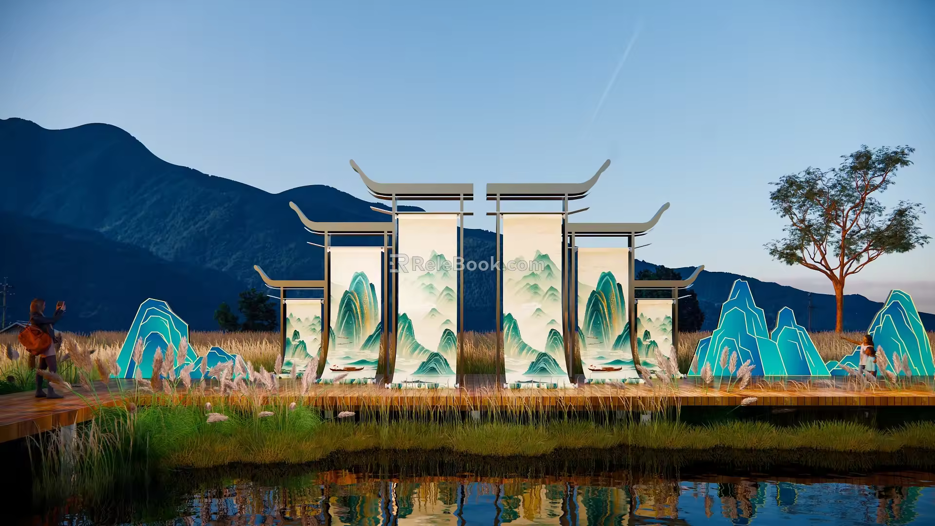New Chinese Style Beauty Chen Guo Tide Style Architecture Landscape Painting Scroll 3d model