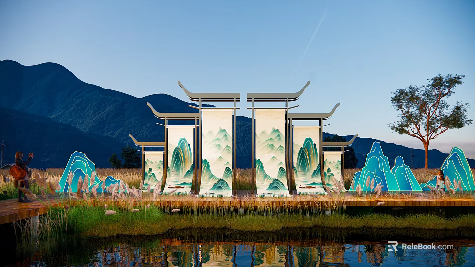 Traditional Chinese Art Installation With Mountain Pattern Screens Eaves And Water Reflection 3d model 