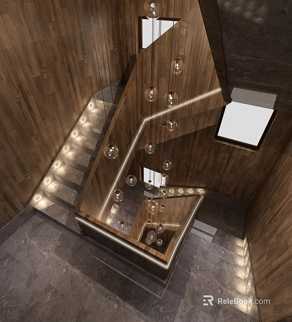 Wooden Wall Staircase Interior With Glass Railing And Ambient Lighting Design 3d model 