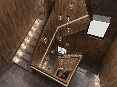 Wooden Wall Staircase Interior With Glass Railing And Ambient Lighting Design 3d model