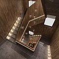 Wooden Wall Staircase Interior With Glass Railing And Ambient Lighting Design