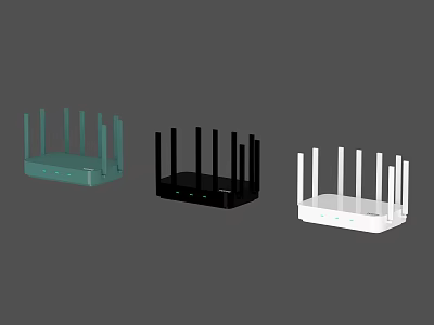 Three Wireless Routers In Various Colors With Multiple Antennas For Home Network 3d model